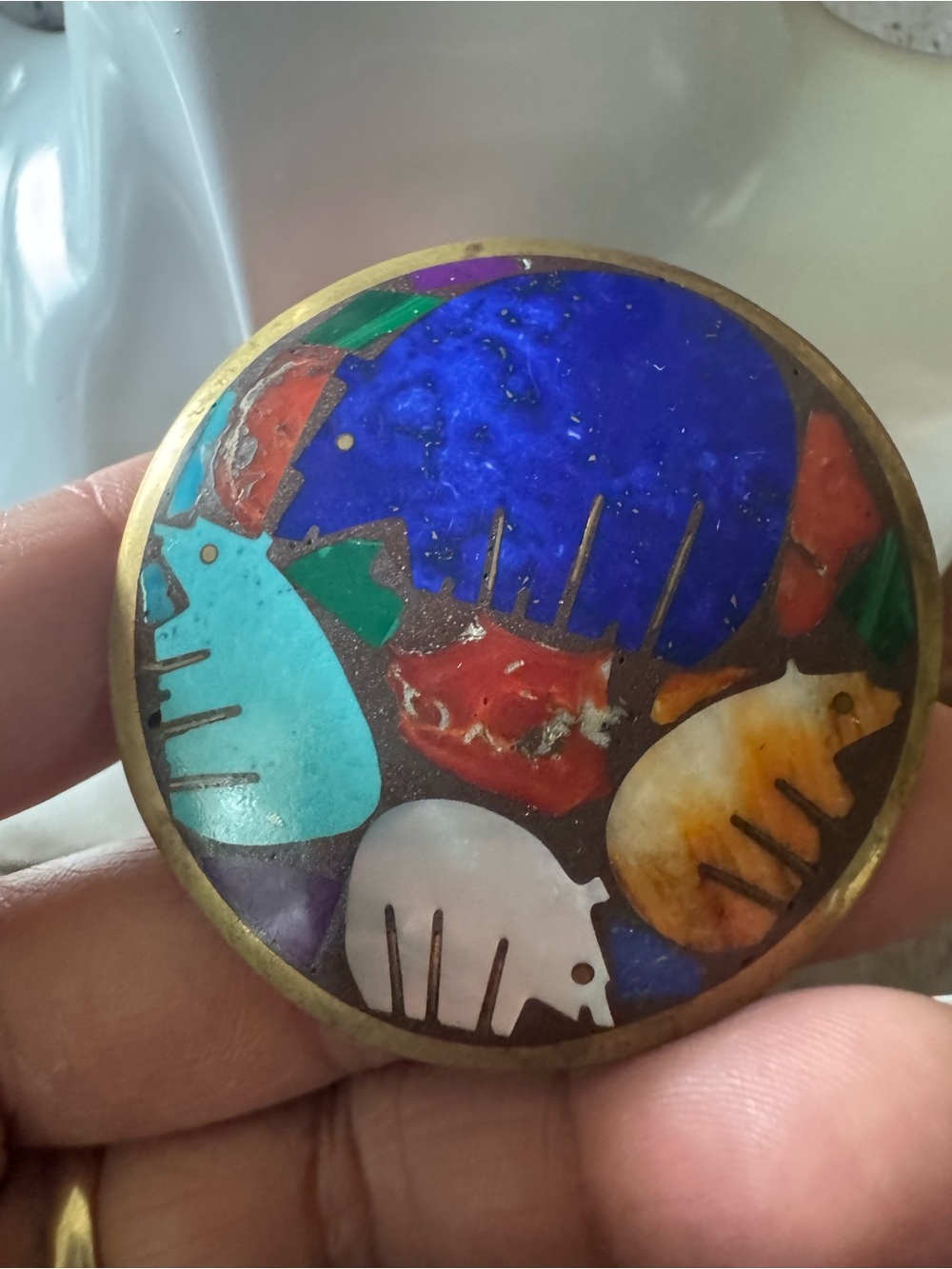 Vintage Multicolor Stone Inlay Round Pin - Animal Motif